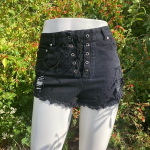 High waisted denim lace up shorts